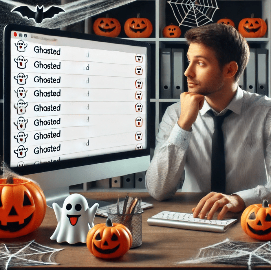 Man in office attire stares at computer screen that says ghosted with image of ghost